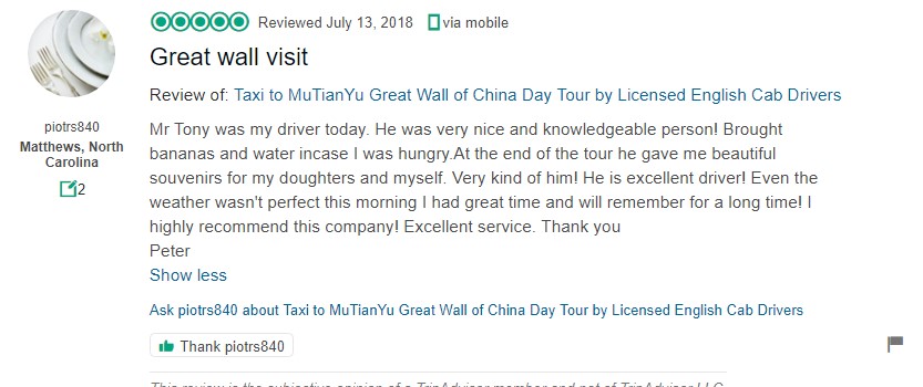 taxi to mutianyu great wall, car service, english driver, car rental with driver, private car with driver, great wall of china